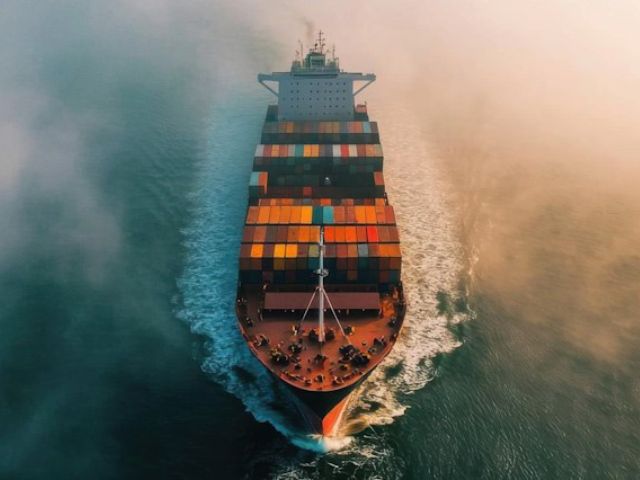 Nave porta-container in navigazione, vista dall'alto